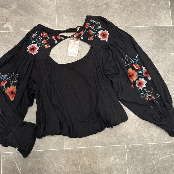 Free People Lita cut out blouse long sleeve floral embroidered cropped - Picture 7 of 9